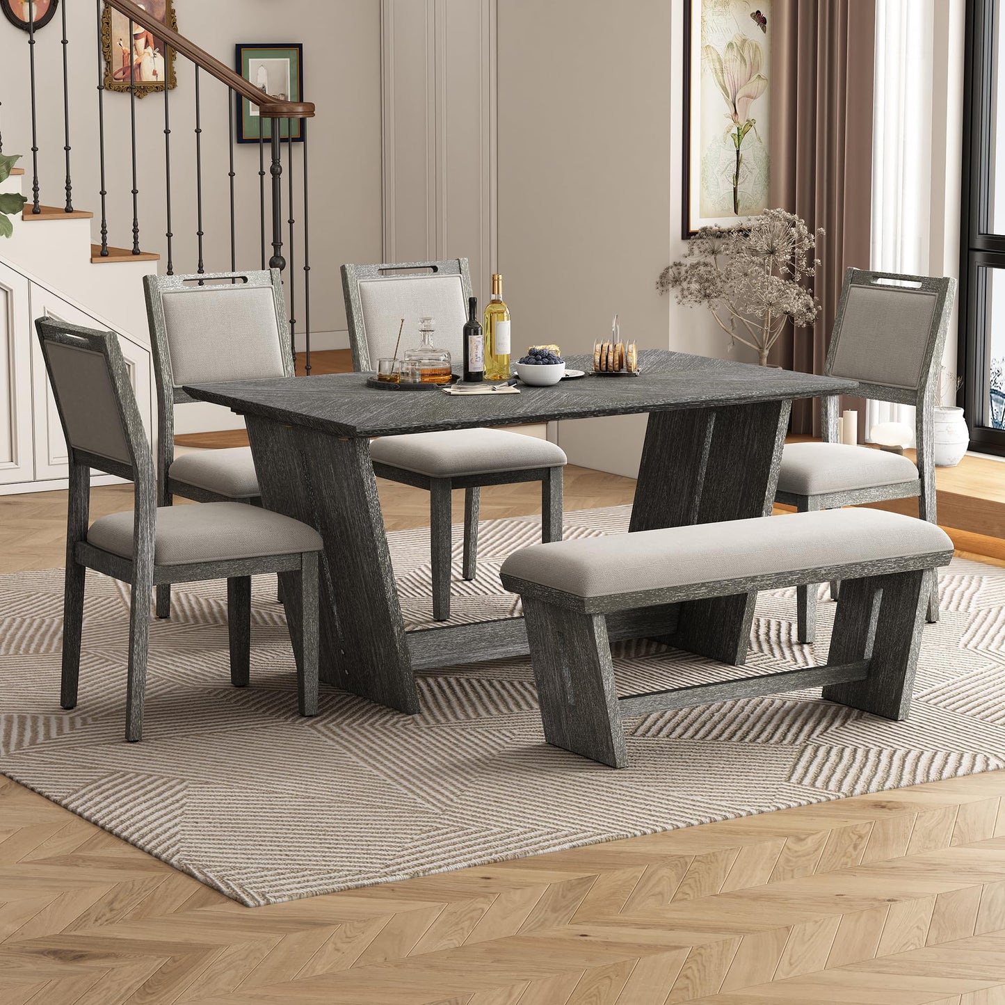 6-Piece Retro Dining Table Set with Bench