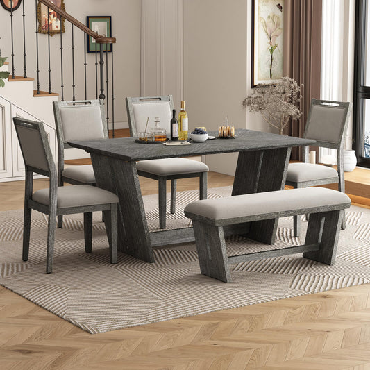 6-Piece Retro Dining Table Set with Bench