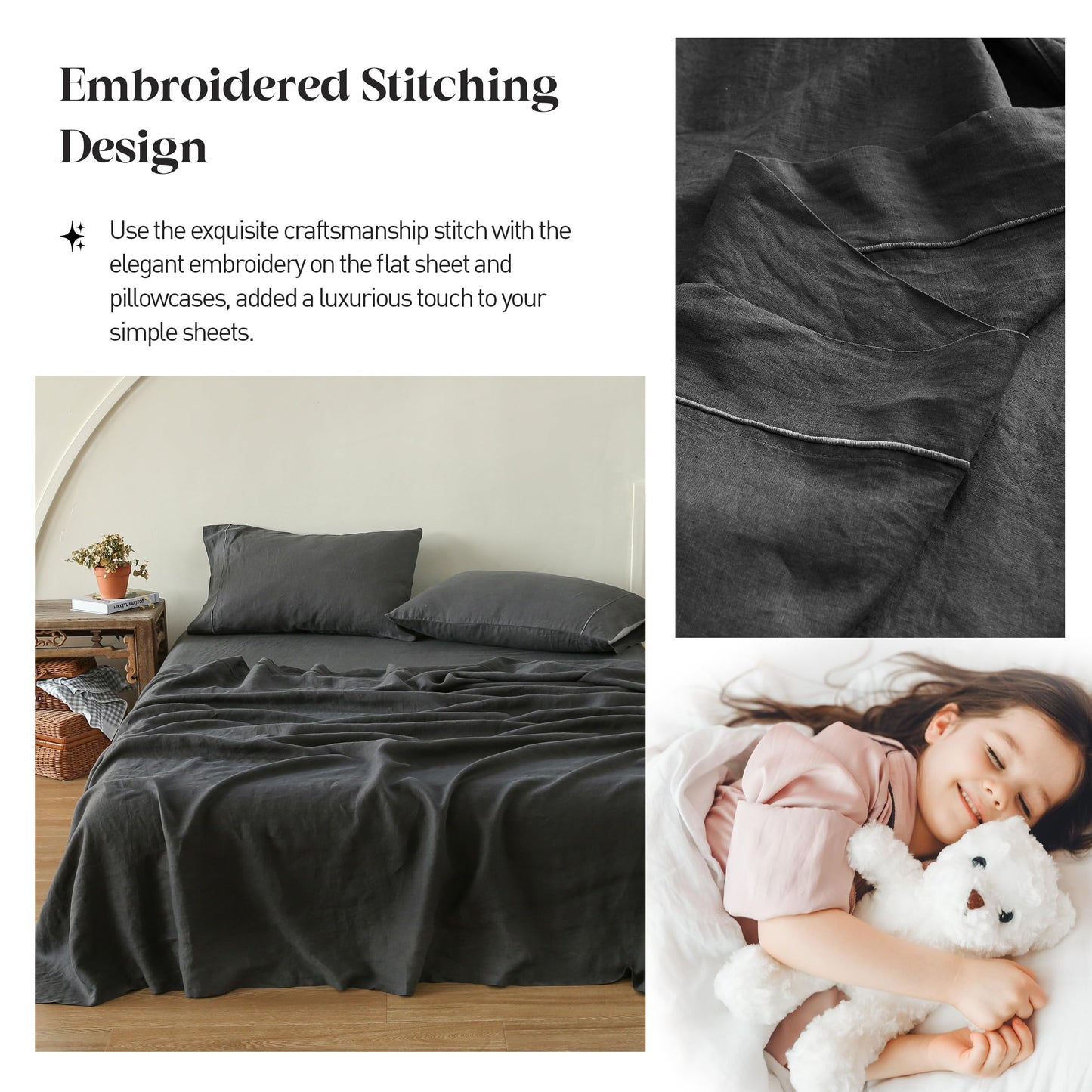 Simple&Opulence Linen Sheet Set 4pcs Embroidery