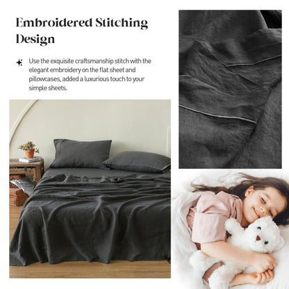 Simple&Opulence Linen Sheet Set 4pcs Embroidery