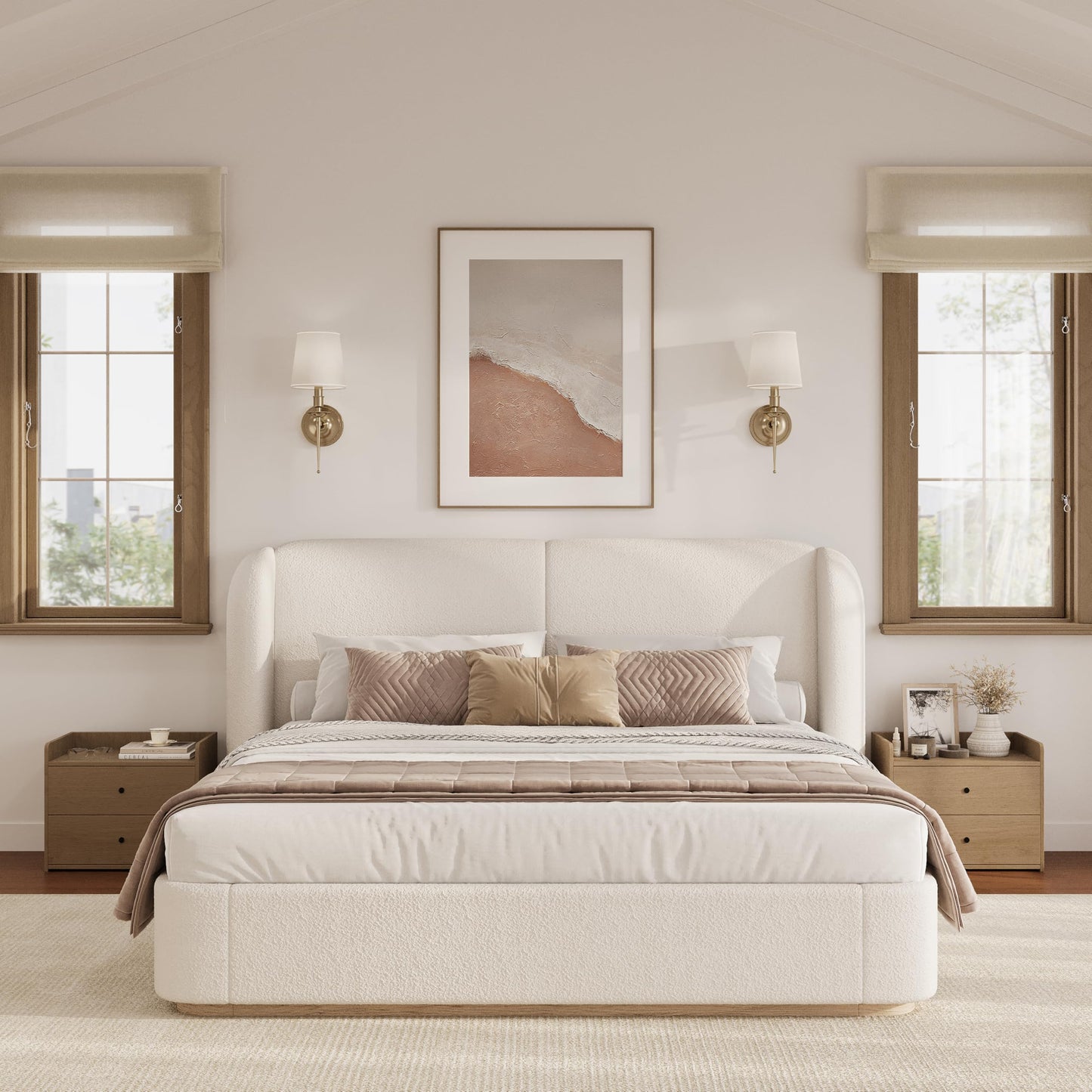 Boucle Upholstered Wingback King Platform Bed