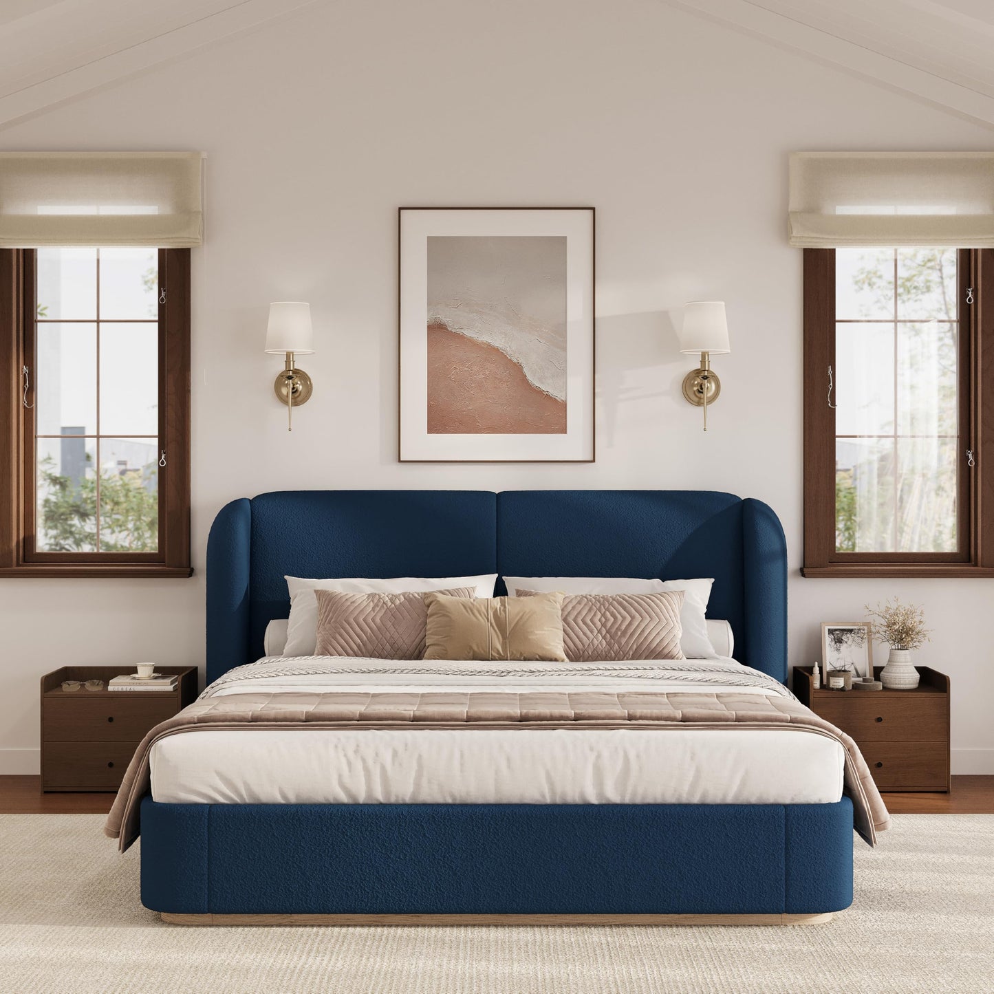 Boucle Upholstered Wingback King Platform Bed