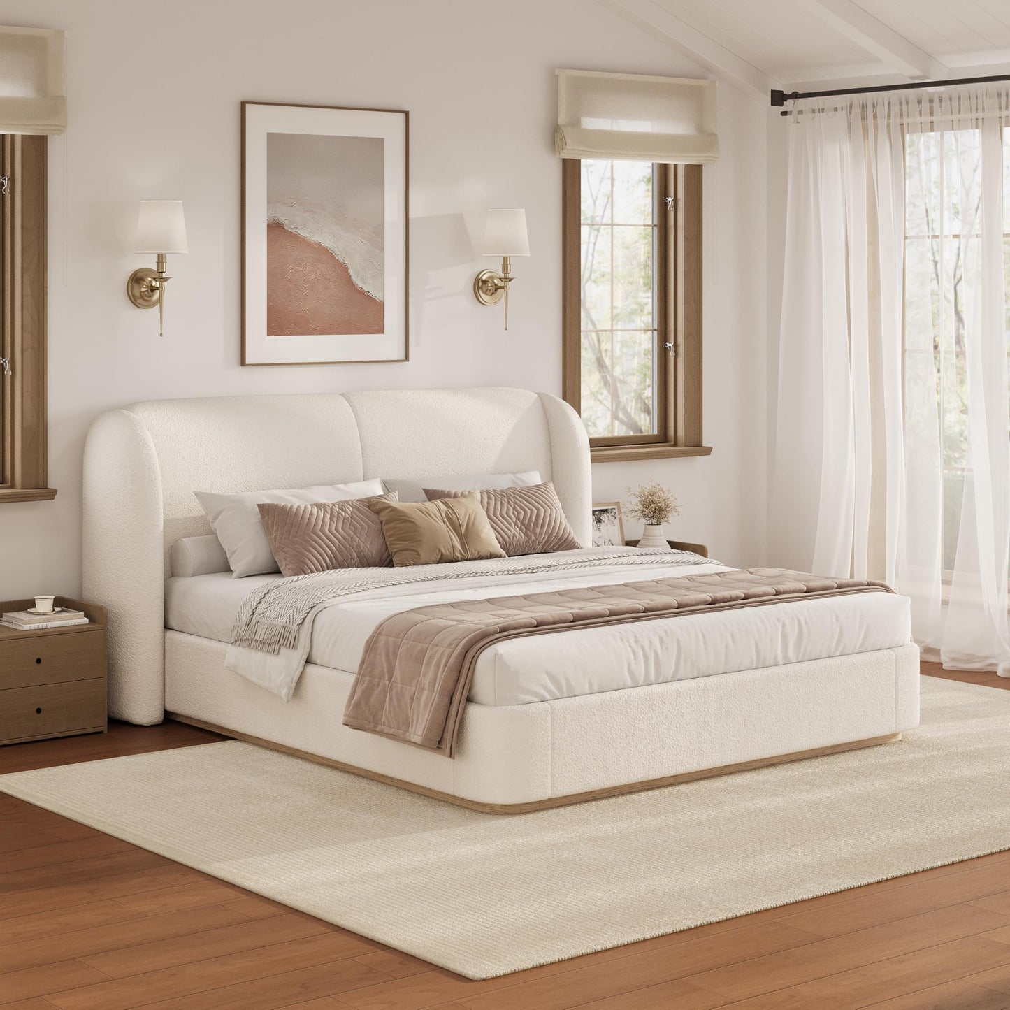 Boucle Upholstered Wingback King Platform Bed